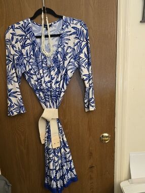 Sami & Jo White Wrap Dress with Blue Leaf Print